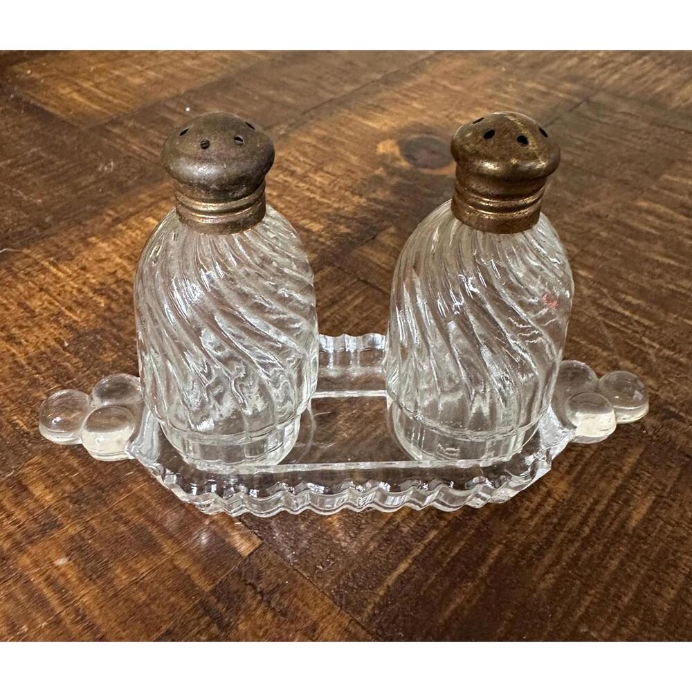 Vintage Clear Swirl Salt & Pepper Shakers on Glass Tray, 1950’s